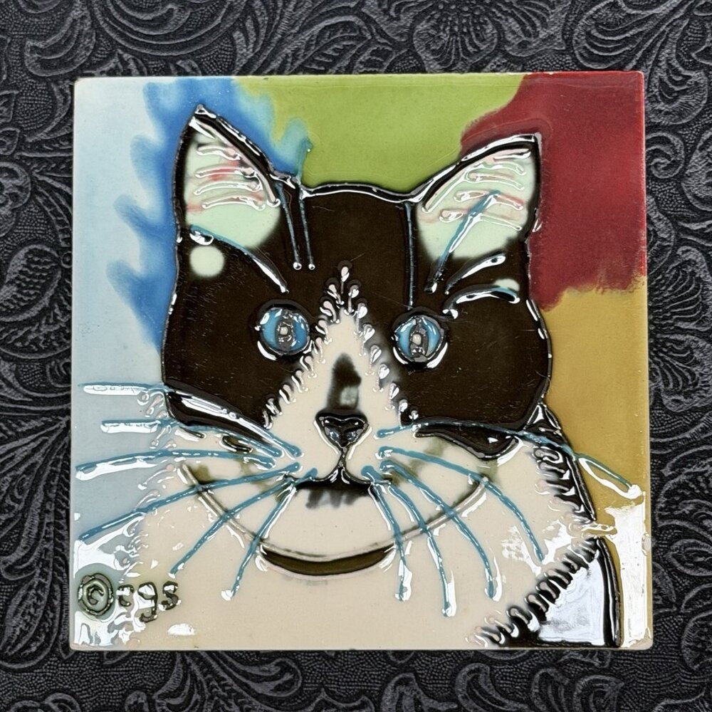 Tile Decorative Art Claudia Sanchez CGS Hand Painted‎ Black White Cat Ceramic